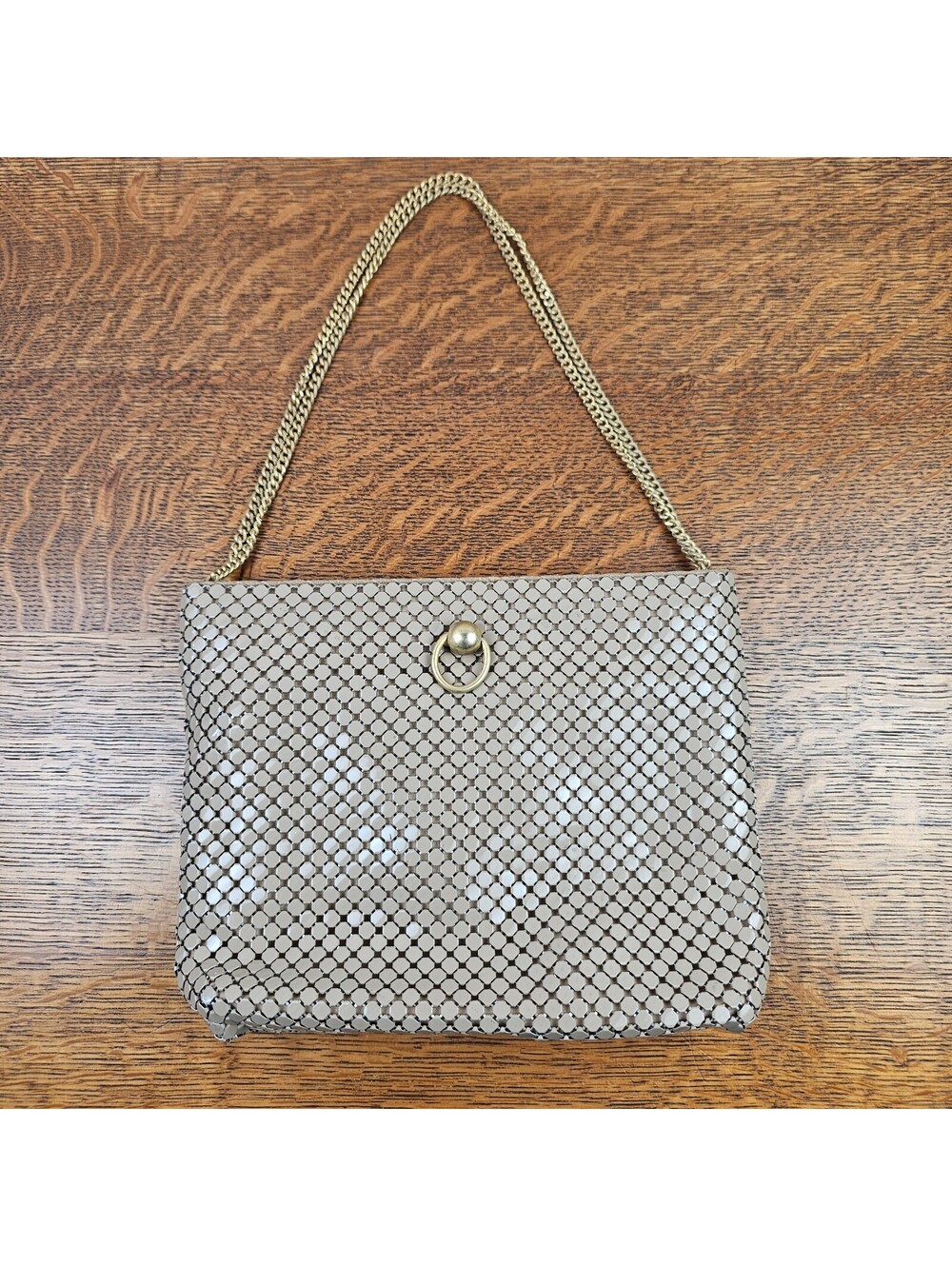 Vintage Hong Kong Metal Mesh Purse Beige Gold Tone Chain Evening Bag
